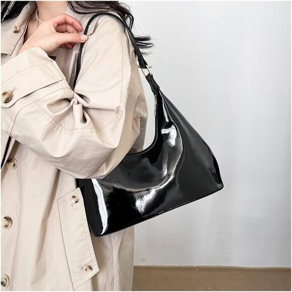 Patent Leather Hobo Bag Small Tote Women's Shoulder Purse Waterproof Compact - Picture 6 of 9